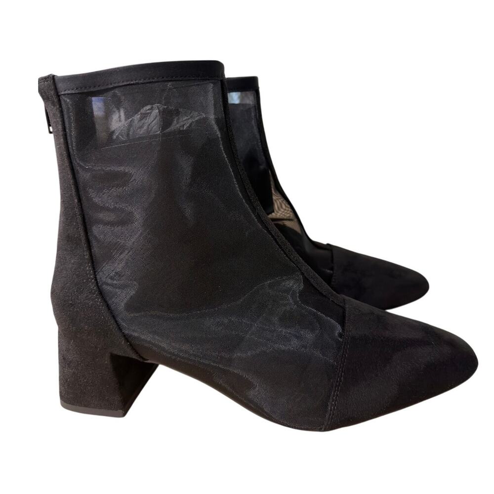 NEW Black Faux Suede Mesh Ankle Boots Size 10 Sheer Panel 2" Block Heel Rear Zip